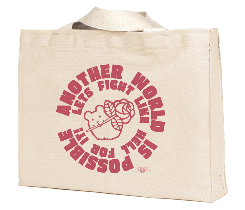 Made in the USA natural-tan tote bag with Denver DSA Pika logo that says ‘Another world is possible lets fight like hell for it’